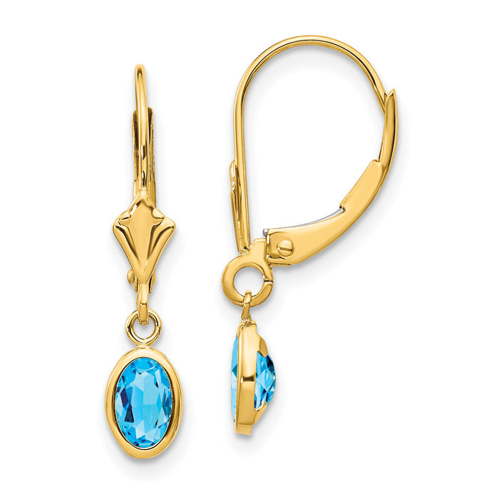 14K Solid Yellow Gold Oval Swiss Blue Topaz Drop Dangle Earrings December Birthstone Jewelry