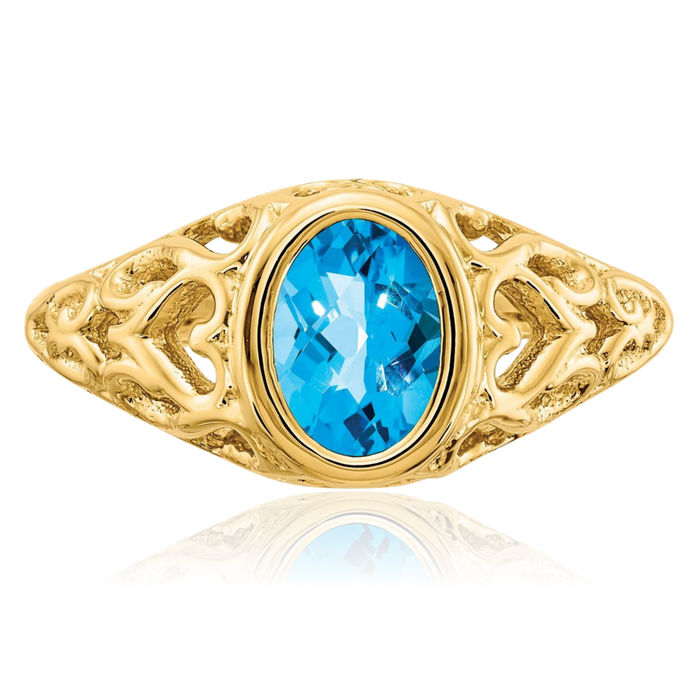 14K Solid Yellow Gold Oval Swiss Blue Topaz Ring Gemstone Band December Birthstone Jewelry