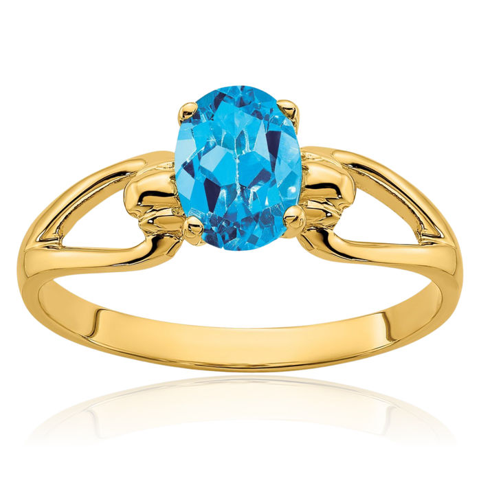 14K Solid Yellow Gold Oval Swiss Blue Topaz Ring Gemstone Band December Birthstone Jewelry