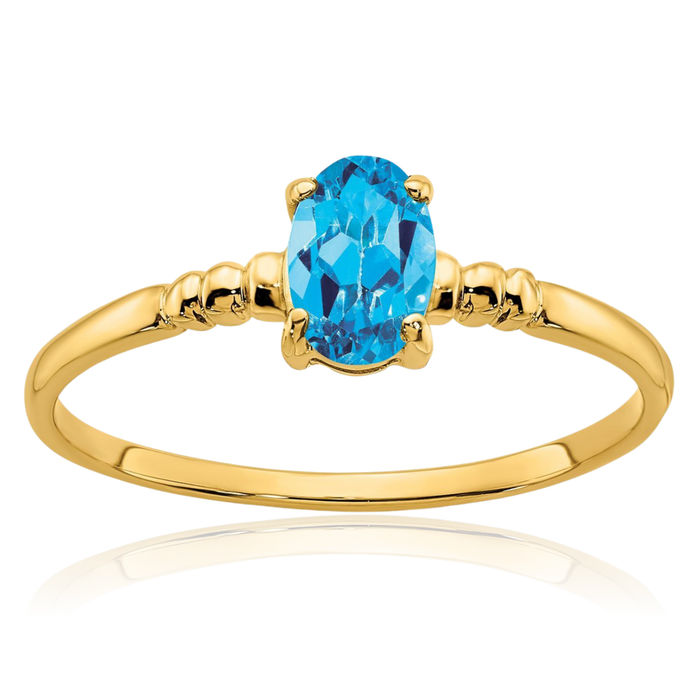 14K Solid Yellow Gold Oval Swiss Blue Topaz Ring Gemstone Band December Birthstone Jewelry