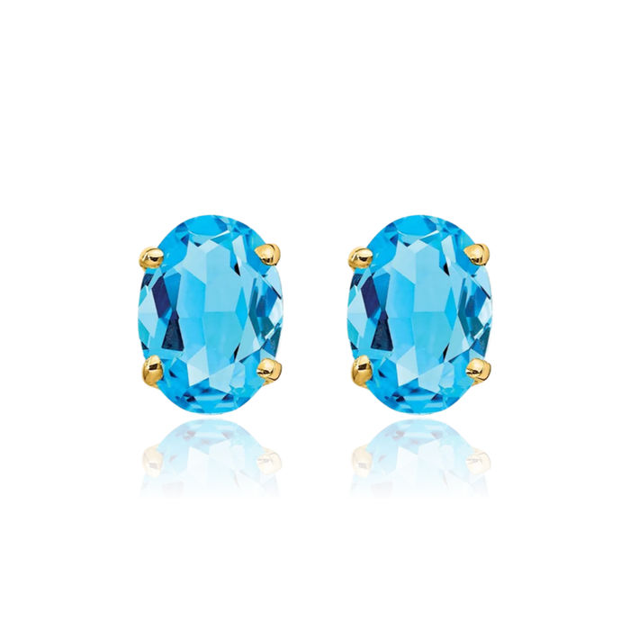 14K Solid Yellow Gold Oval Swiss Blue Topaz Studs Gemstone Solitaire Earrings December Birthstone Jewelry