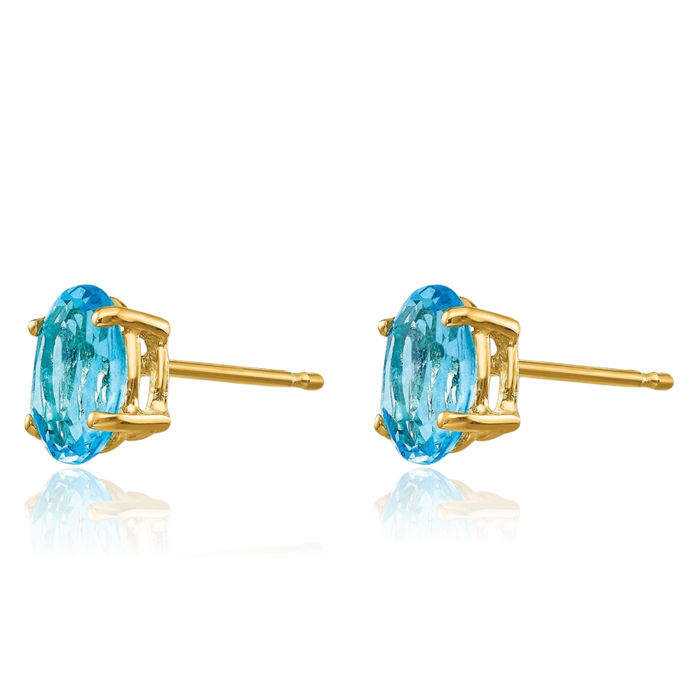 14K Solid Yellow Gold Oval Swiss Blue Topaz Studs Gemstone Solitaire Earrings December Birthstone Jewelry