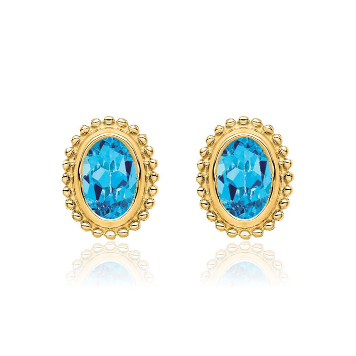 14K Solid Yellow Gold Oval Swiss Blue Topaz Stud Earrings December Birthstone Jewelry