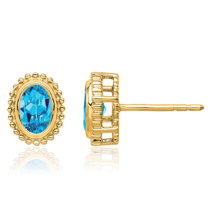 14K Solid Yellow Gold Oval Swiss Blue Topaz Stud Earrings December Birthstone Jewelry