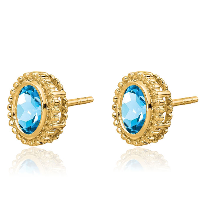 14K Solid Yellow Gold Oval Swiss Blue Topaz Stud Earrings December Birthstone Jewelry