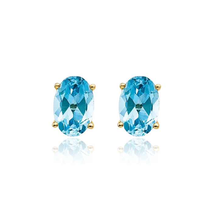 14K Solid Yellow Gold Oval Swiss Blue Topaz Studs Gemstone Earrings December Birthstone Jewelry