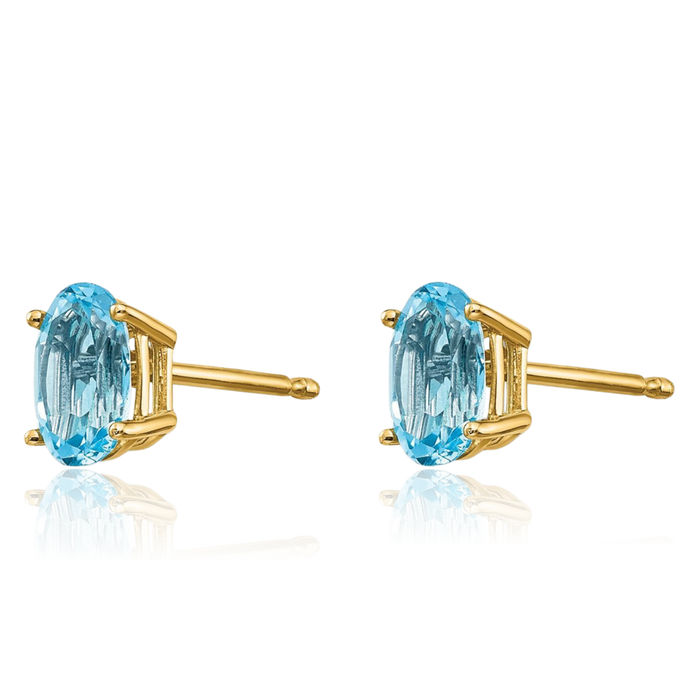 14K Solid Yellow Gold Oval Swiss Blue Topaz Studs Gemstone Earrings December Birthstone Jewelry