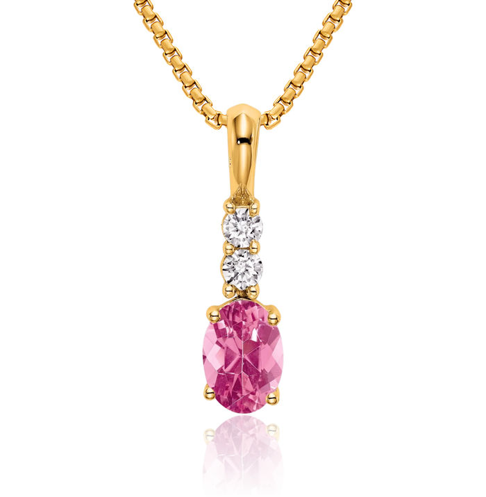 14K Solid Yellow Gold Oval Pink Tourmaline Diamond Necklace Gemstone Pendant Charm April October Birthstone Jewelry