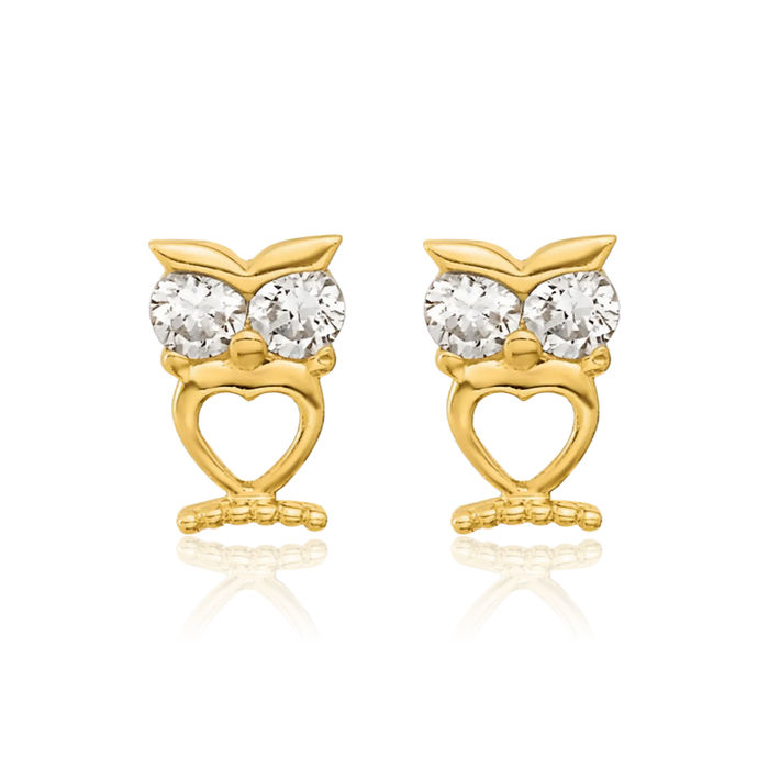 14K Solid Yellow Gold Owl Symbol of Wisdom Bird Cubic Zirconia CZ Hamsa Hand Fatima Evil Eye Protection Good Luck Screw Back Stud Earrings