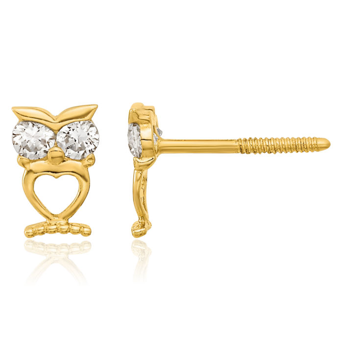 14K Solid Yellow Gold Owl Symbol of Wisdom Bird Cubic Zirconia CZ Hamsa Hand Fatima Evil Eye Protection Good Luck Screw Back Stud Earrings