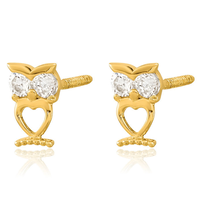 14K Solid Yellow Gold Owl Symbol of Wisdom Bird Cubic Zirconia CZ Hamsa Hand Fatima Evil Eye Protection Good Luck Screw Back Stud Earrings