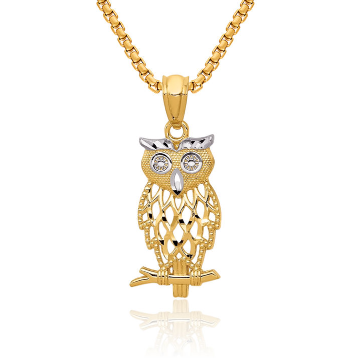 14K Solid Yellow Gold Owl Symbol of Wisdom Bird Necklace Chain Pendant Charm