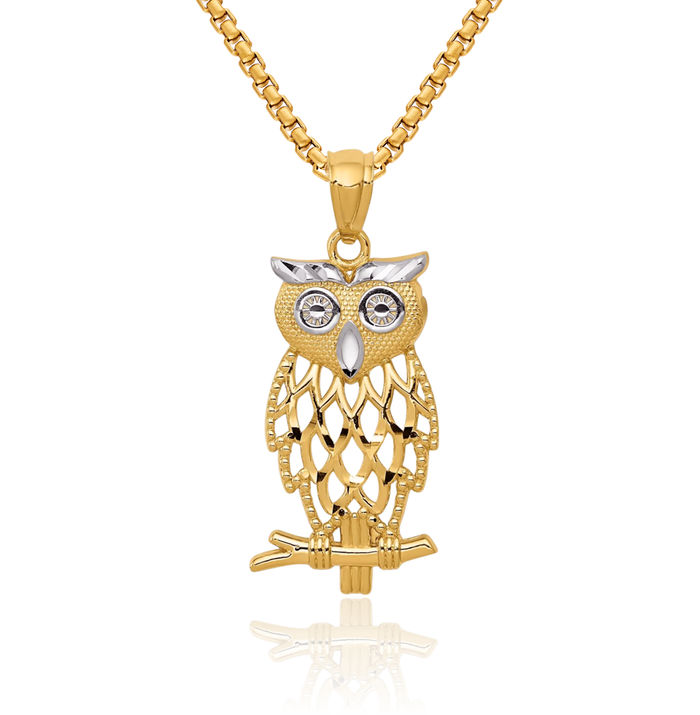 14K Solid Yellow Gold Owl Symbol of Wisdom Bird Necklace Chain Pendant Charm