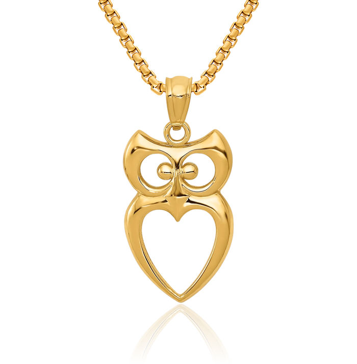 14K Solid Yellow Gold Owl Symbol of Wisdom Bird Necklace Chain Pendant Charm