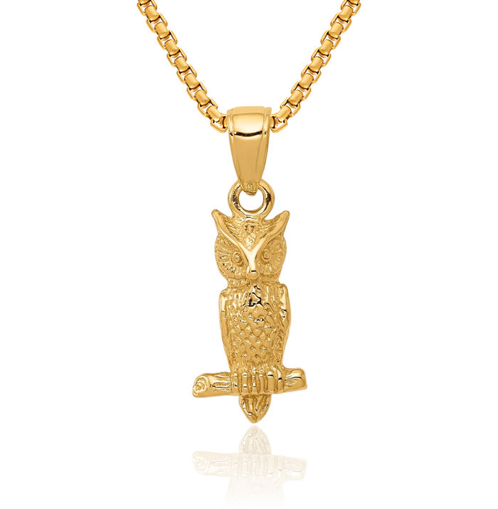 14K Solid Yellow Gold Owl Symbol of Wisdom Bird Necklace Chain Pendant Charm