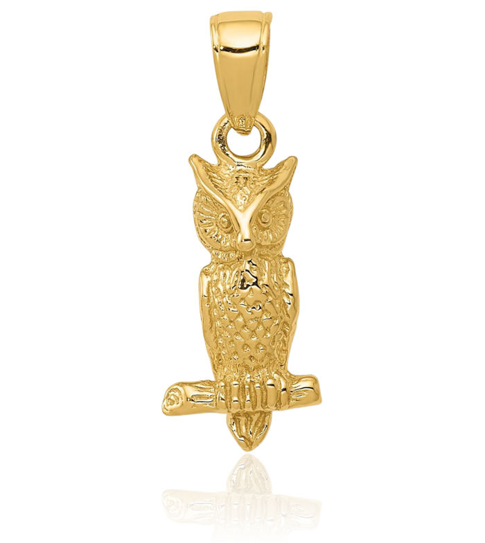 14K Solid Yellow Gold Owl Symbol of Wisdom Bird Necklace Chain Pendant Charm