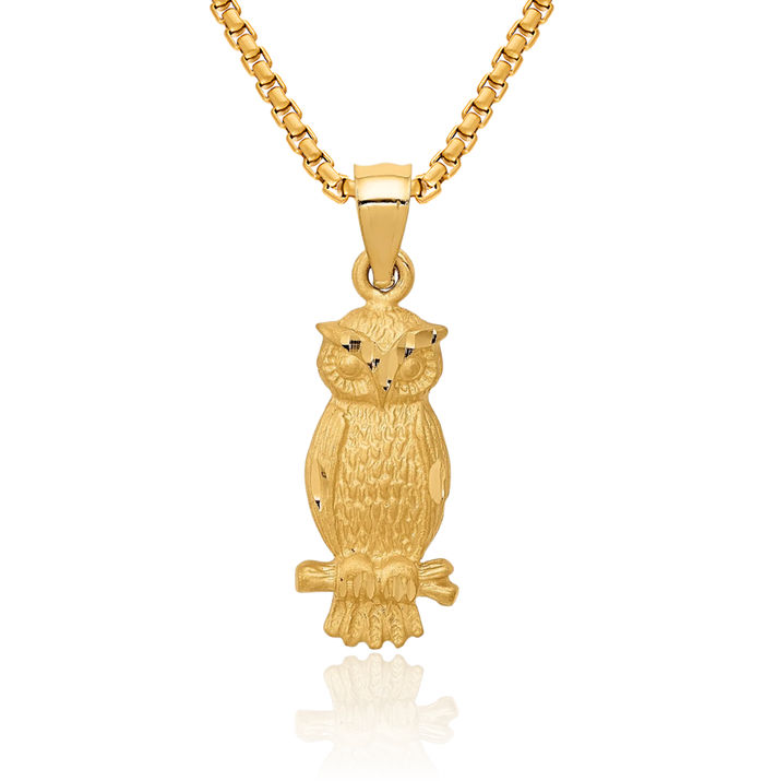 14K Solid Yellow Gold Owl Symbol of Wisdom Bird Necklace Chain Pendant Charm