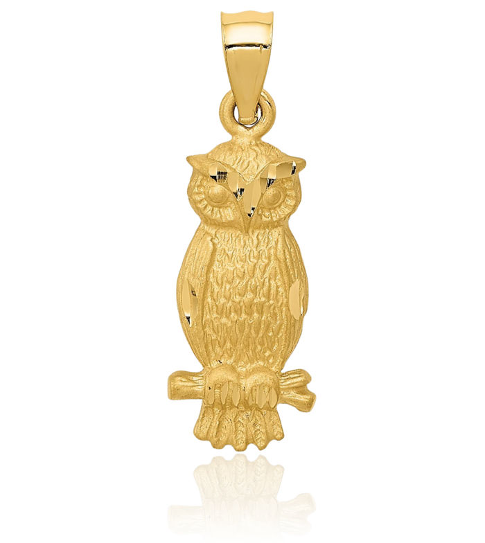 14K Solid Yellow Gold Owl Symbol of Wisdom Bird Necklace Chain Pendant Charm