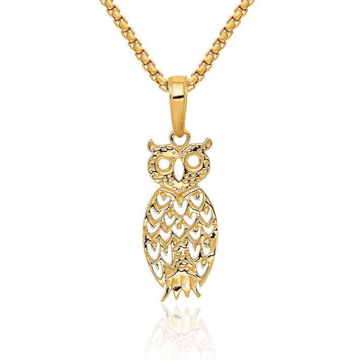 14K Solid Yellow Gold Owl Symbol of Wisdom Bird Necklace Chain Pendant Charm