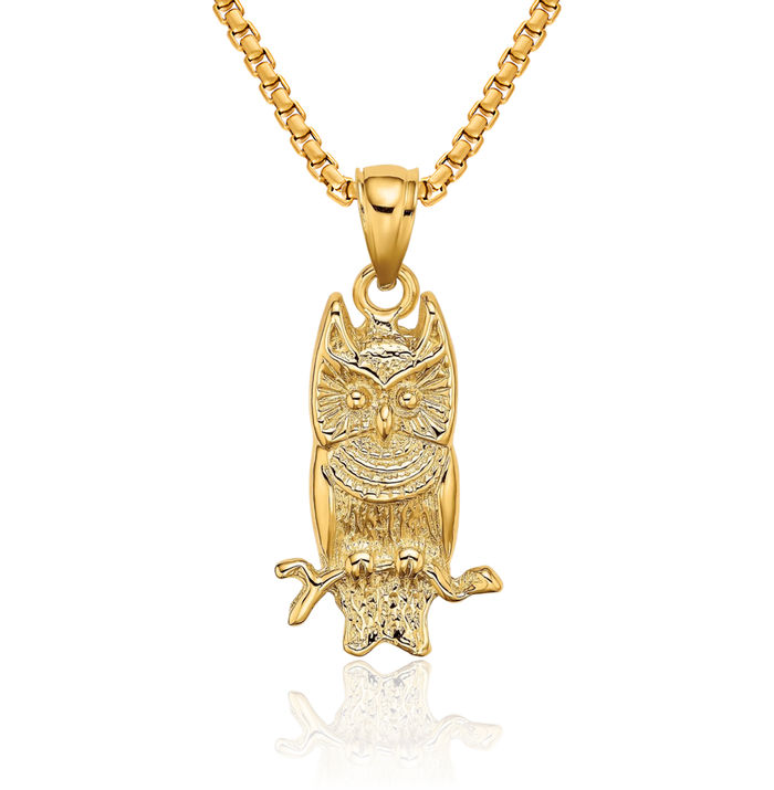 14K Solid Yellow Gold Owl Symbol of Wisdom Bird Necklace Chain Pendant Charm