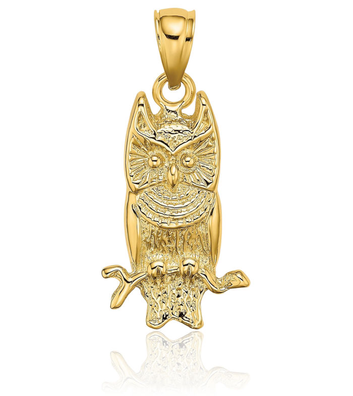 14K Solid Yellow Gold Owl Symbol of Wisdom Bird Necklace Chain Pendant Charm