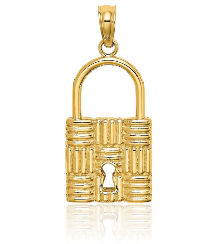 14K Solid Yellow Gold Padlock Key Hole Necklace Chain Pendant Charm