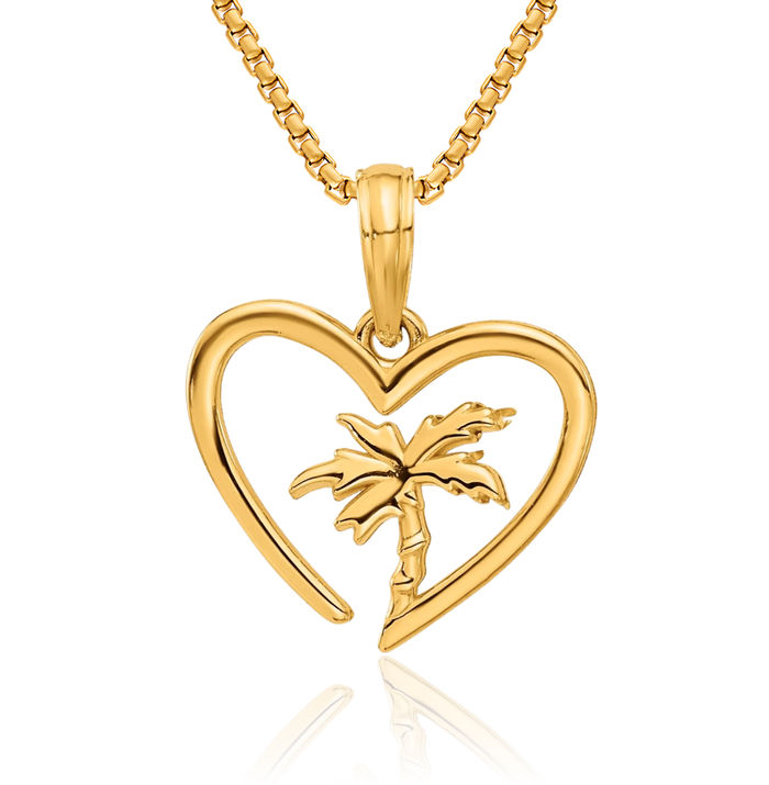 14K Solid Yellow Gold Palm Tree Heart Necklace Summer Beach Pendant Tropical Charm