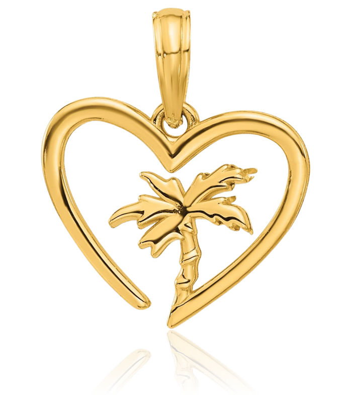 14K Solid Yellow Gold Palm Tree Heart Necklace Summer Beach Pendant Tropical Charm