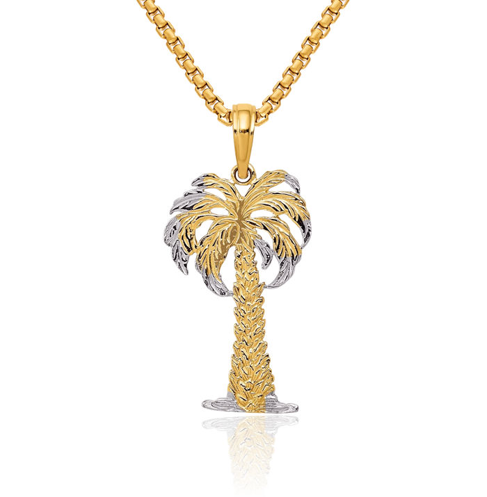 14K Solid Yellow Gold Palm Tree Necklace Summer Beach Pendant Tropical Charm