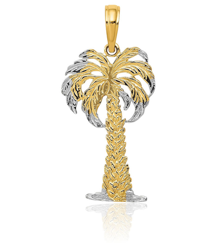 14K Solid Yellow Gold Palm Tree Necklace Summer Beach Pendant Tropical Charm