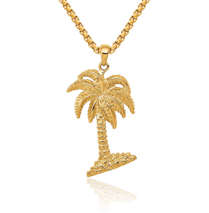 14K Solid Yellow Gold Palm Tree Necklace Summer Beach Pendant Tropical Charm