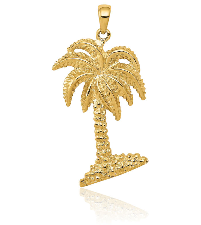 14K Solid Yellow Gold Palm Tree Necklace Summer Beach Pendant Tropical Charm