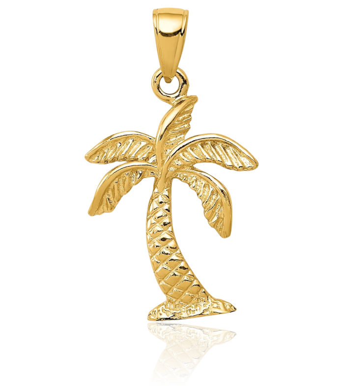 14K Solid Yellow Gold Palm Tree Necklace Summer Beach Pendant Tropical Charm