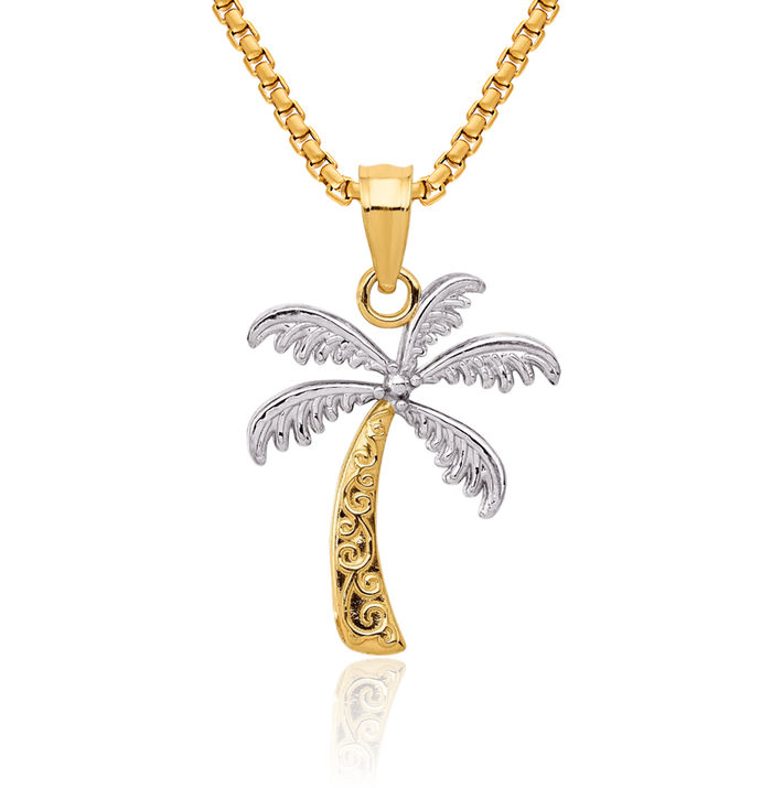 14K Solid Yellow Gold Palm Tree Necklace Summer Beach Pendant Tropical Charm