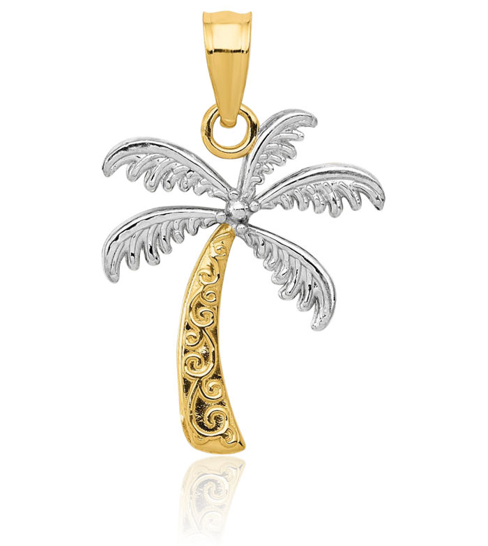 14K Solid Yellow Gold Palm Tree Necklace Summer Beach Pendant Tropical Charm