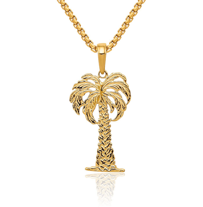 14K Solid Yellow Gold Palm Tree Necklace Summer Beach Pendant Tropical Charm