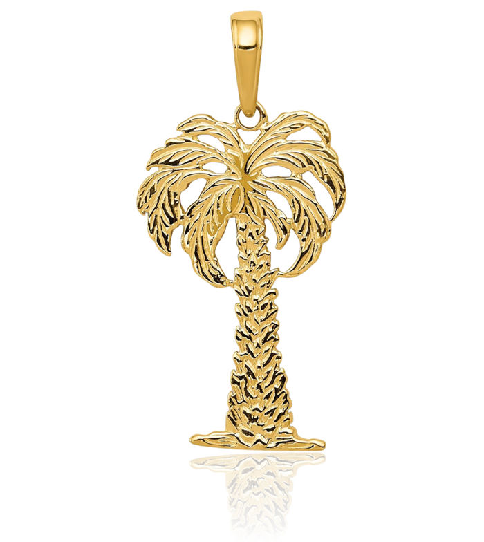 14K Solid Yellow Gold Palm Tree Necklace Summer Beach Pendant Tropical Charm