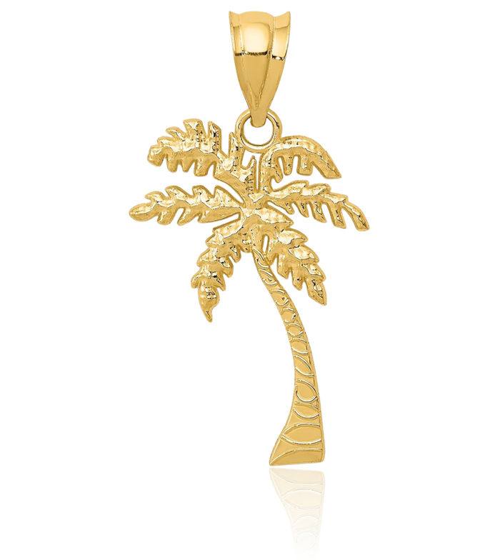 14K Solid Yellow Gold Palm Tree Necklace Summer Beach Pendant Tropical Charm