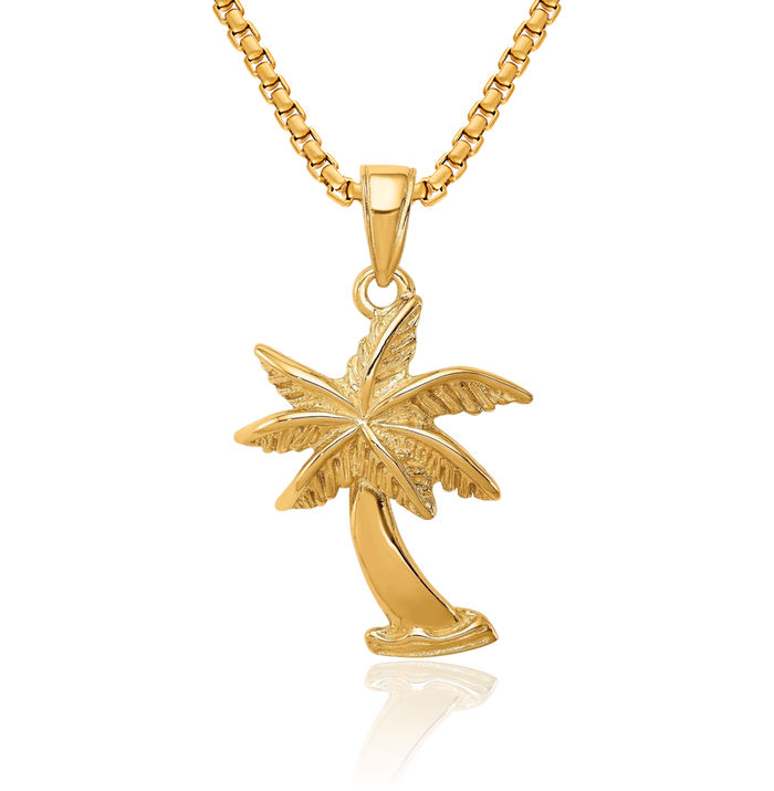 14K Solid Yellow Gold Palm Tree Necklace Summer Beach Pendant Tropical Charm