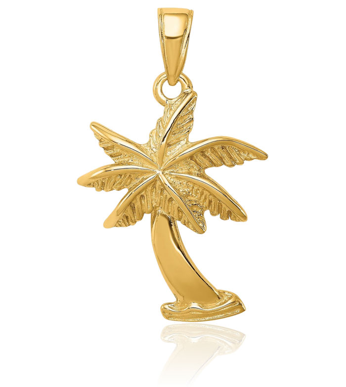 14K Solid Yellow Gold Palm Tree Necklace Summer Beach Pendant Tropical Charm