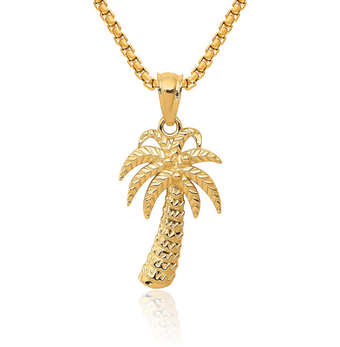 14K Solid Yellow Gold Palm Tree Necklace Summer Beach Pendant Tropical Charm