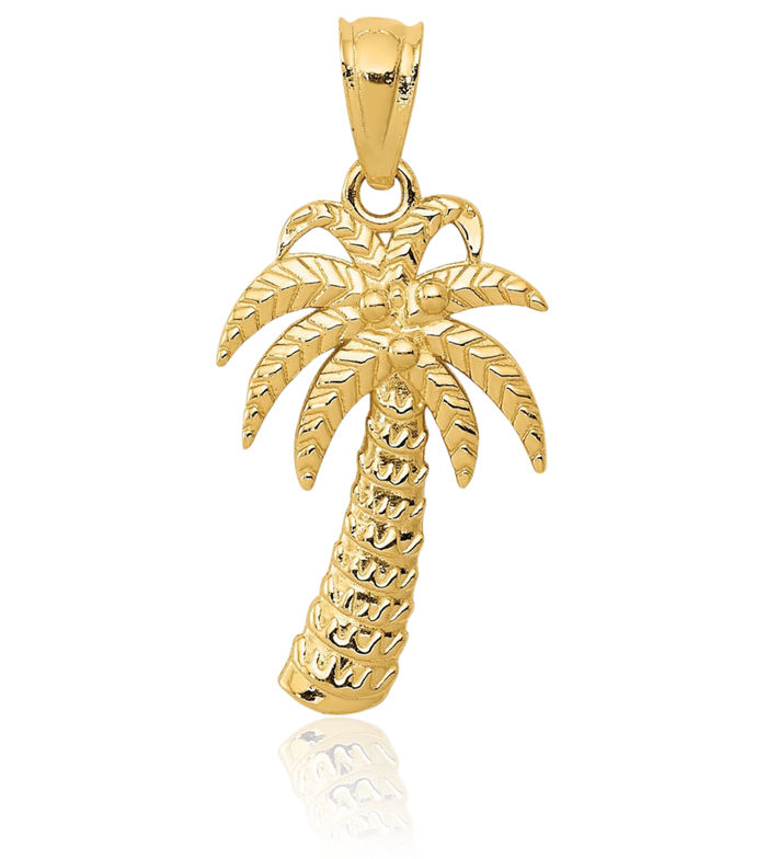 14K Solid Yellow Gold Palm Tree Necklace Summer Beach Pendant Tropical Charm