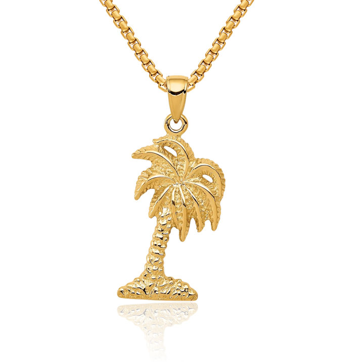 14K Solid Yellow Gold Palm Tree Necklace Summer Beach Pendant Tropical Charm