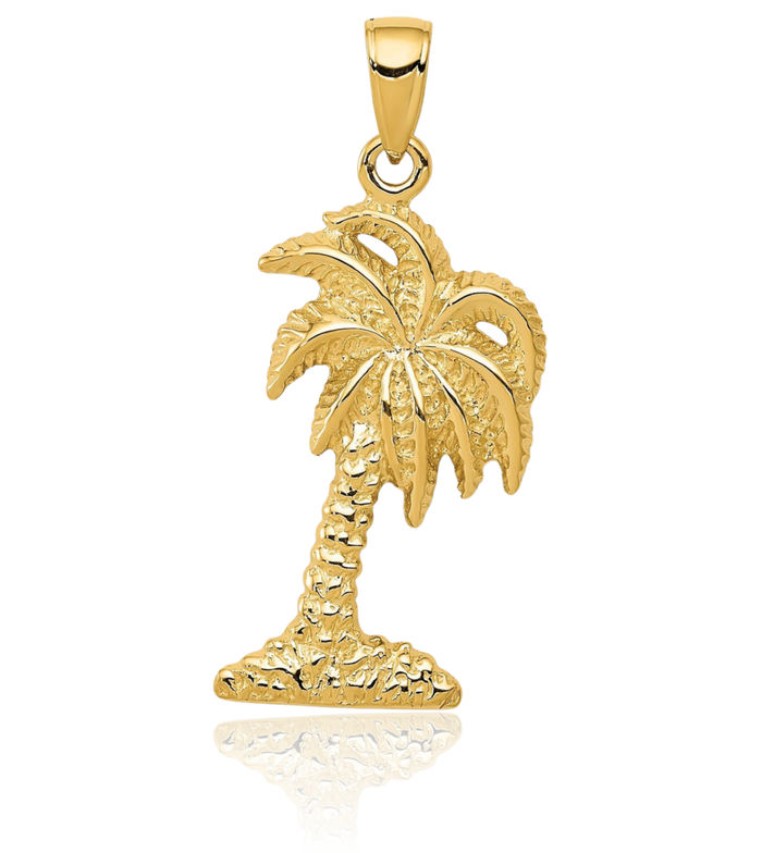 14K Solid Yellow Gold Palm Tree Necklace Summer Beach Pendant Tropical Charm