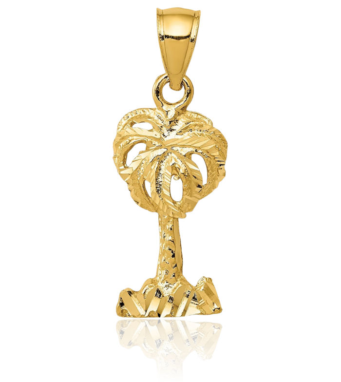 14K Solid Yellow Gold Palm Tree Necklace Summer Beach Pendant Tropical Charm