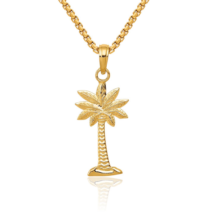 14K Solid Yellow Gold Palmetto Palm Tree Necklace Summer Beach Pendant Tropical Charm