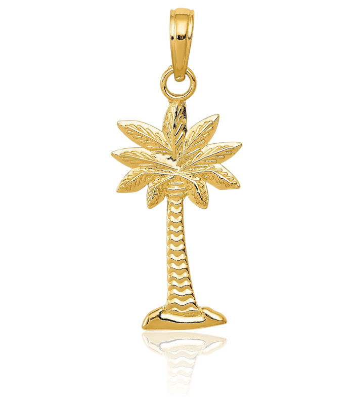 14K Solid Yellow Gold Palmetto Palm Tree Necklace Summer Beach Pendant Tropical Charm