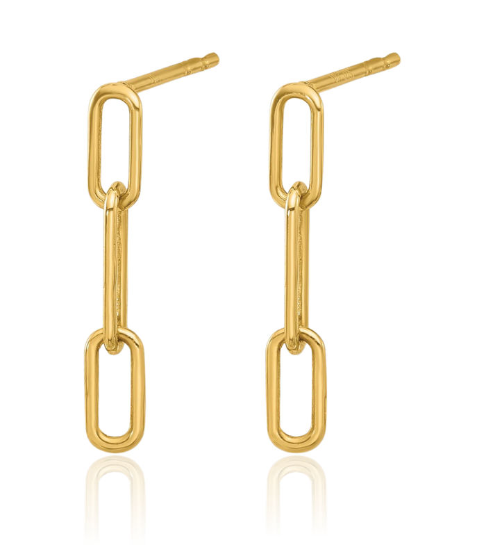 14K Solid Yellow Gold Paperclip Chain Link Post Drop Dangle Earrings