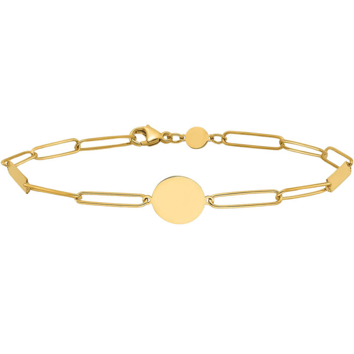 14K Solid Yellow Gold Paperclip Link Circle Round Bar Chain Bracelet