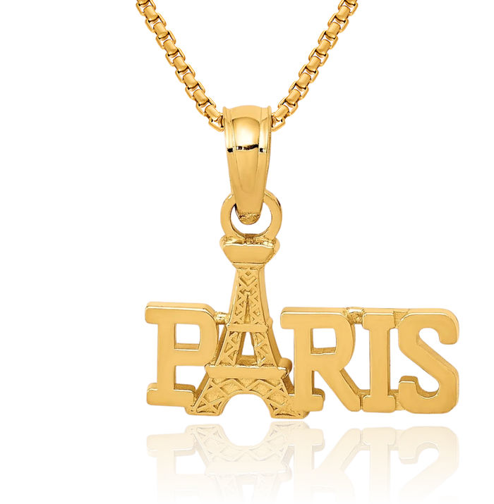 14K Solid Yellow Gold Paris Eiffel Tower France Necklace Chain Pendant Charm